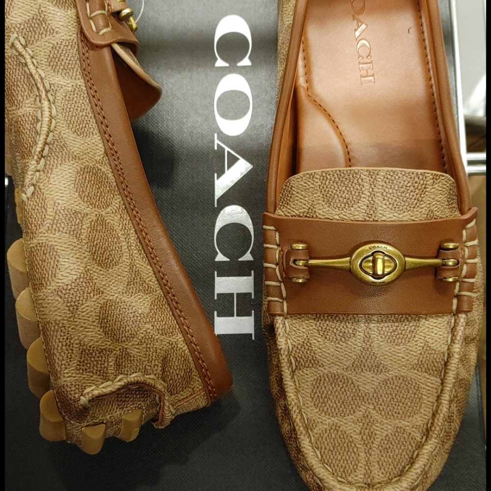 New COACH Women tan brown LOGO jacquard LOAFERS